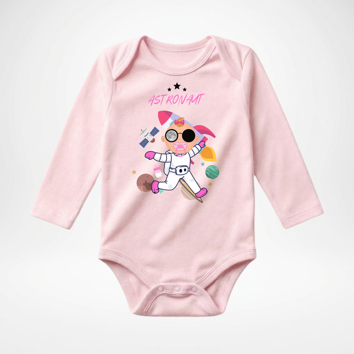 Rosa Baby Body langarm für kleine Mädchen mit Astronaut- Motiv, hochwertiger Babybody aus Baumwolle mit Weltraum und Raketen Design von TIMMY &amp; MIMMY