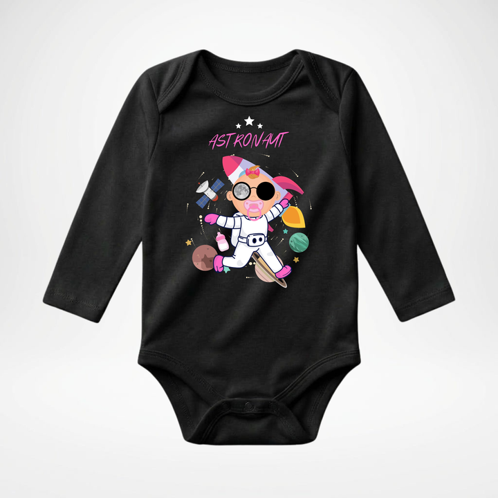 Schwarzer Baby Body langarm für kleine Mädchen mit Astronaut- Motiv, hochwertiger Babybody aus Baumwolle mit Weltraum und Raketen Design von TIMMY &amp; MIMMY