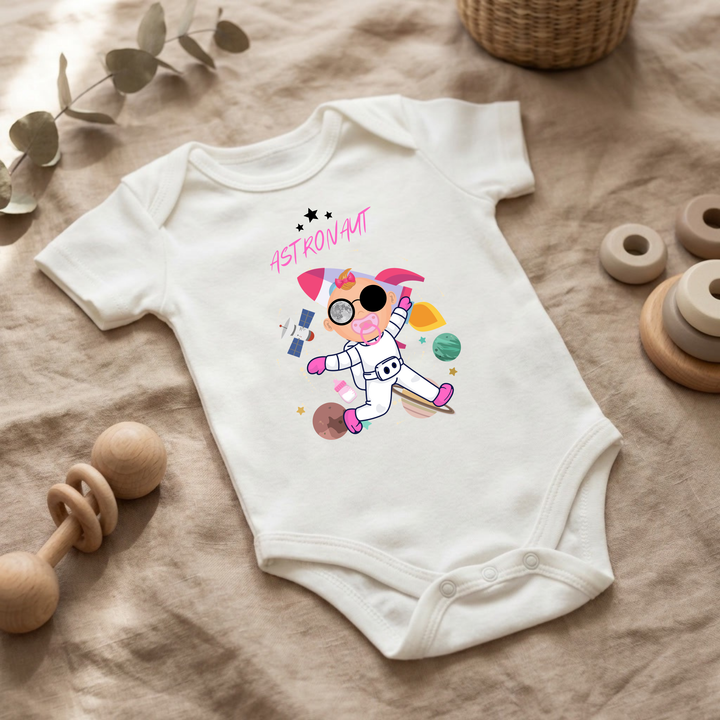 Weißer Baby Body für kleine Mädchen mit Astronaut Design im Flat Lay, Baby Kleidung mit Weltraum- und Sternen- Motiv, Geschenkidee für Babys von der Baby und Kleinkind- Brand TIMMY &amp; MIMMY