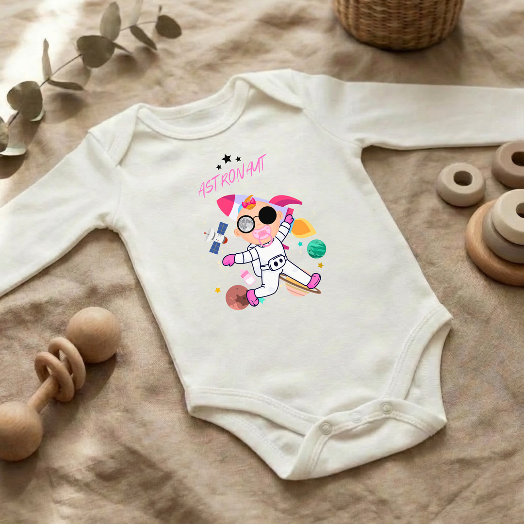 Weißer Baby Body langarm für Mädchen im Flat Lay mit Astronaut Design, Baby Kleidung für Herbst und Winter mit Weltall und Sternen- Motiv von TIMMY &amp; MIMMY