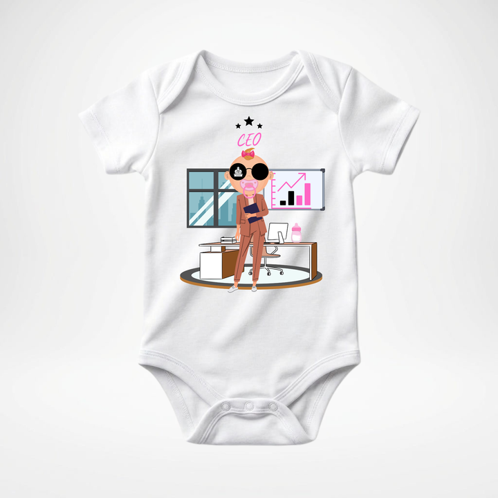 Weißer Baby Body kurzarm für Mädchen mit CEO- Motiv, cooler Babybody aus Baumwolle mit Business- Design von der Baby- &amp; Kleinkind- Brand TIMMY &amp; MIMMY