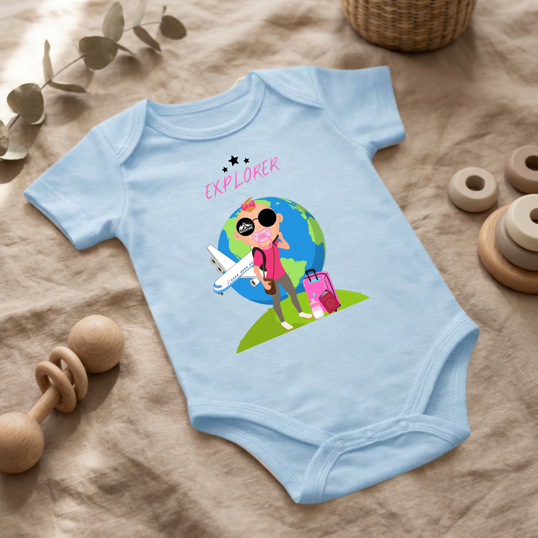 Hellblauer Baby Body für kleine Mädchen mit Abenteuer- Design im Flat Lay, Baby Kleidung mit Explorer- Motiv, Geschenkidee für Babys von der Baby und Kleinkind- Brand TIMMY &amp; MIMMY.