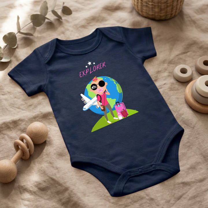 Navy blauer Baby Body für kleine Mädchen mit Abenteuer- Design im Flat Lay, Baby Kleidung mit Explorer- Motiv, Geschenkidee für Babys von der Baby und Kleinkind- Brand TIMMY &amp; MIMMY.