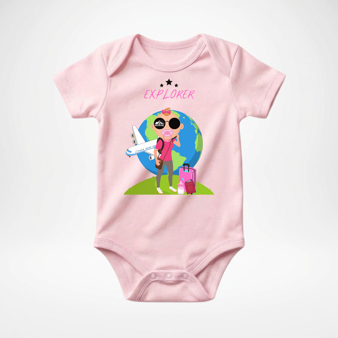 Rosa Baby Body kurzarm für Mädchen mit Explorer- Motiv, süßer Babybody aus Baumwolle mit Entdecker- Design von der Baby- &amp; Kleinkind- Brand TIMMY &amp; MIMMY