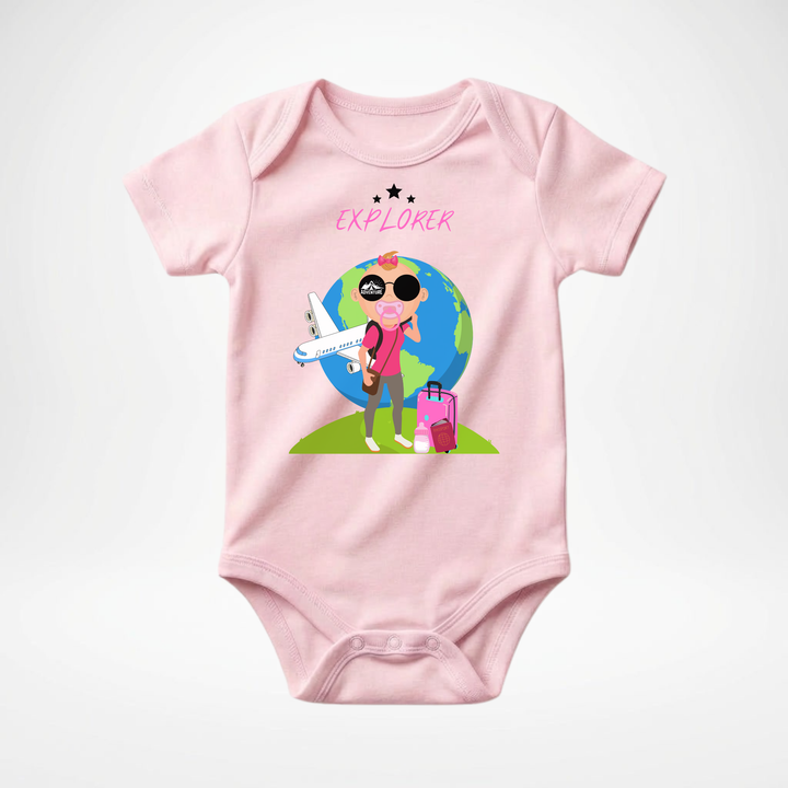 Rosa Baby Body kurzarm für Mädchen mit Explorer- Motiv, süßer Babybody aus Baumwolle mit Entdecker- Design von der Baby- &amp; Kleinkind- Brand TIMMY &amp; MIMMY