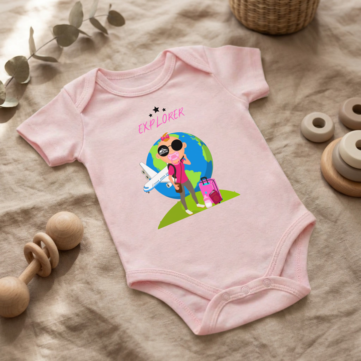 Rosa Baby Body für kleine Mädchen mit Abenteuer- Design im Flat Lay, Baby Kleidung mit Explorer- Motiv, Geschenkidee für Babys von der Baby und Kleinkind- Brand TIMMY &amp; MIMMY.