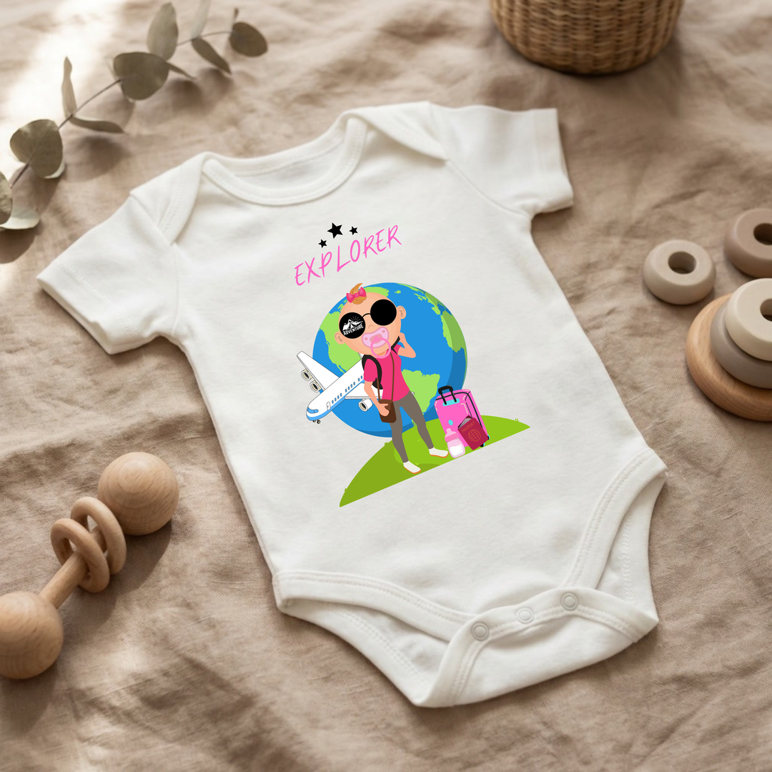 Weißer Baby Body für kleine Mädchen mit Abenteuer- Design im Flat Lay, Baby Kleidung mit Explorer- Motiv, Geschenkidee für Babys von der Baby und Kleinkind- Brand TIMMY &amp; MIMMY.