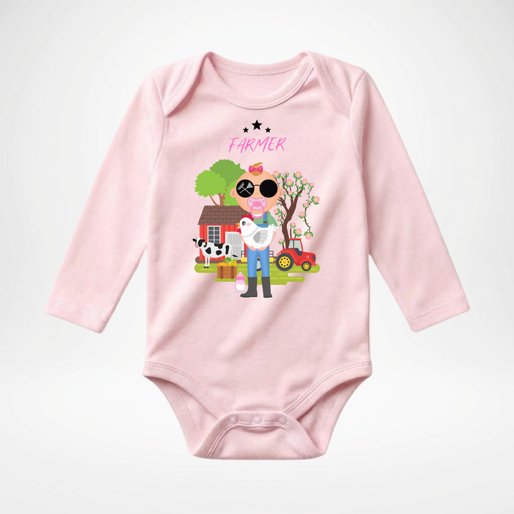 Rosa Baby Body langarm für kleine Mädchen mit Farmer Motiv, hochwertiger Babybody aus Baumwolle mit Bauernhof und Tier Design von TIMMY &amp; MIMMY