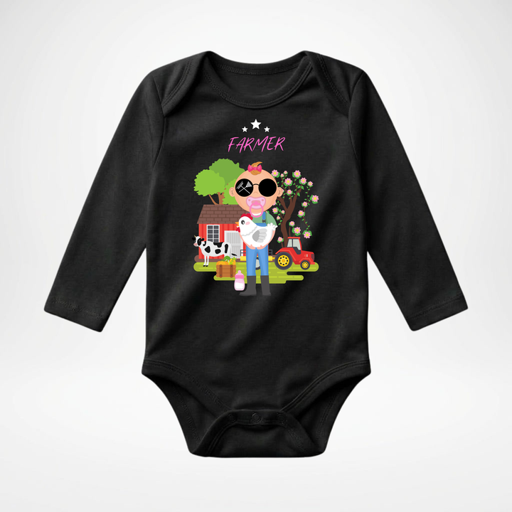 Schwarzer Baby Body langarm für kleine Mädchen mit Farmer Motiv, hochwertiger Babybody aus Baumwolle mit Bauernhof und Tier Design von TIMMY &amp; MIMMY