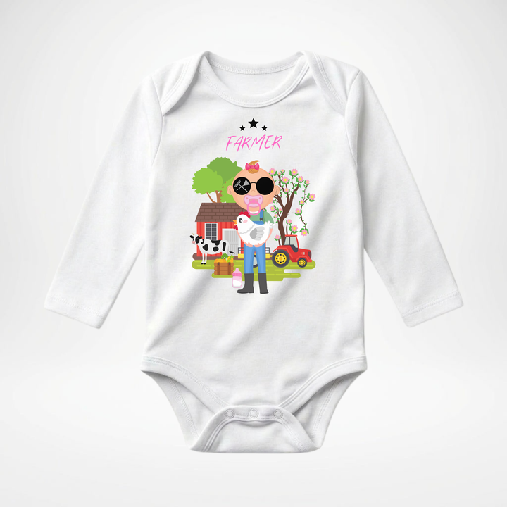 Weißer Baby Body langarm für kleine Mädchen mit Farmer Motiv, hochwertiger Babybody aus Baumwolle mit Bauernhof und Tier Design von TIMMY &amp; MIMMY