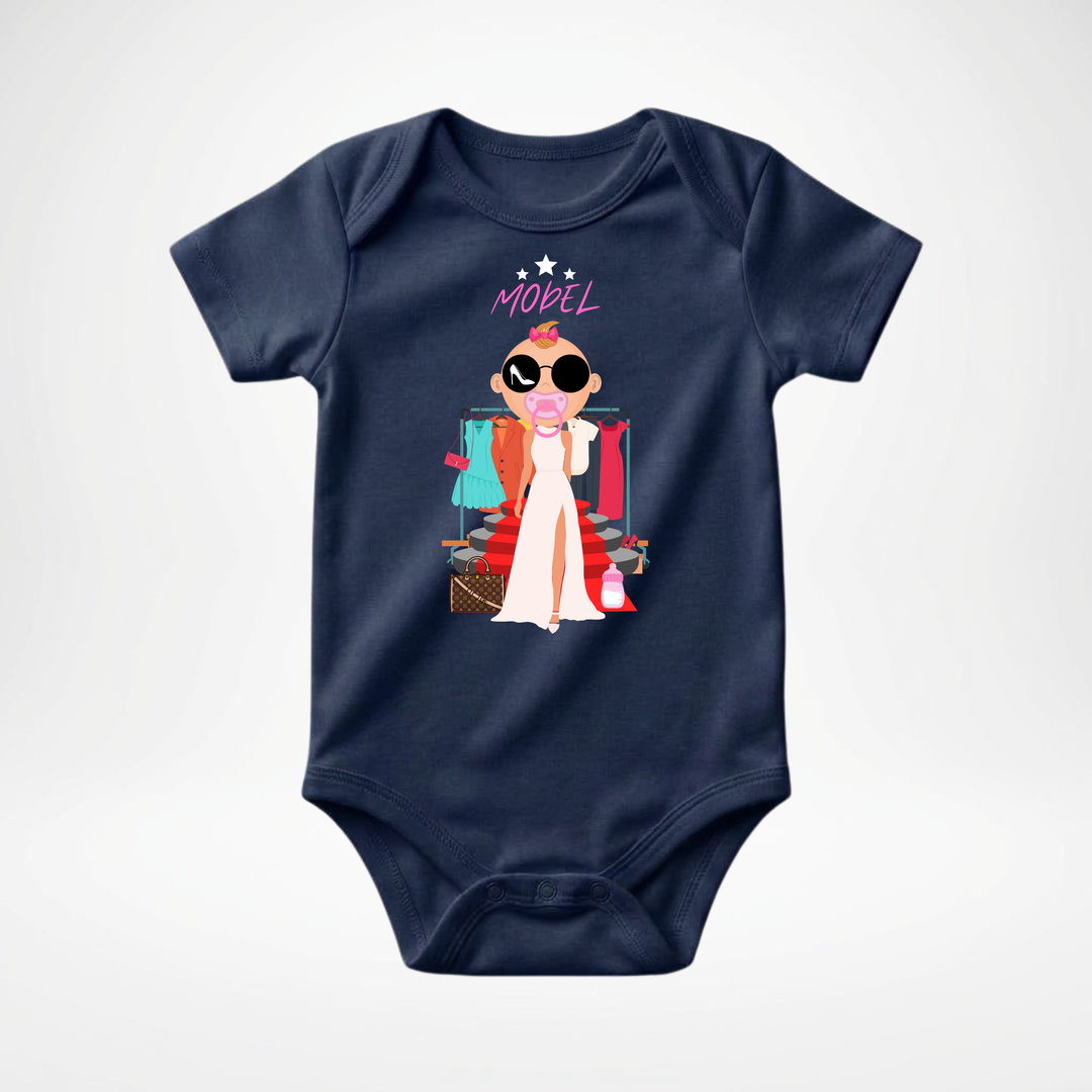 Navy blauer Baby Body kurzarm für Mädchen mit Model Motiv, stylischer Babybody aus Baumwolle mit Fashion- Design von der Baby-&amp; Kleinkind Brand TIMMY &amp; MIMMY