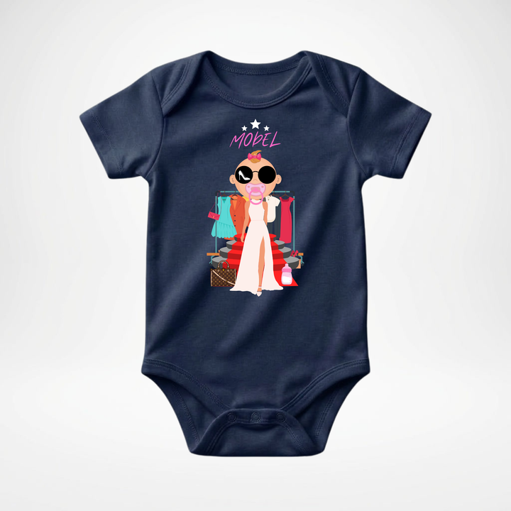 Navy blauer Baby Body kurzarm für Mädchen mit Model Motiv, stylischer Babybody aus Baumwolle mit Fashion- Design von der Baby-&amp; Kleinkind Brand TIMMY &amp; MIMMY