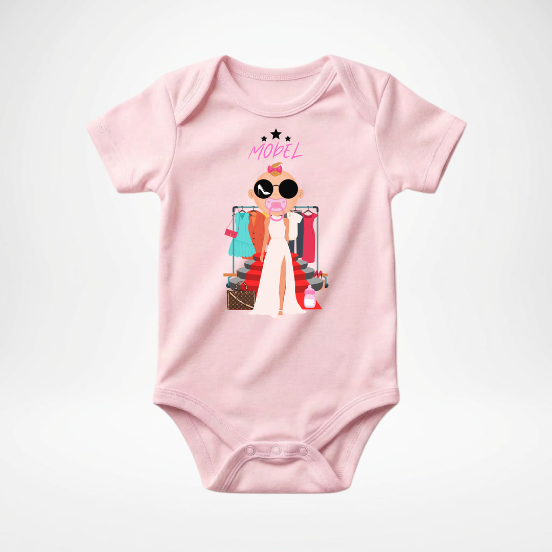 Rosa Baby Body kurzarm für Mädchen mit Model Motiv, stylischer Babybody aus Baumwolle mit Fashion- Design von der Baby-&amp; Kleinkind Brand TIMMY &amp; MIMMY