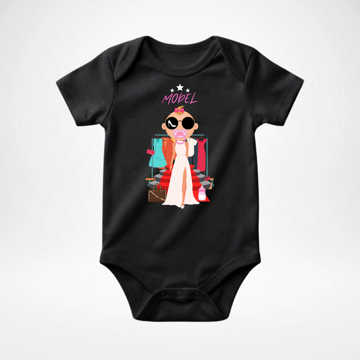 Schwarzer Baby Body kurzarm für Mädchen mit Model Motiv, stylischer Babybody aus Baumwolle mit Fashion- Design von der Baby-&amp; Kleinkind Brand TIMMY &amp; MIMMY