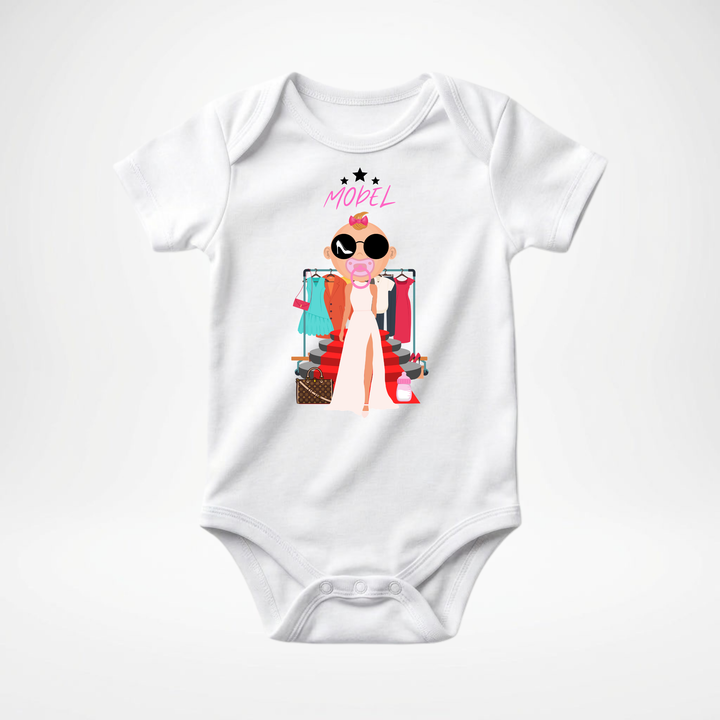 Weißer Baby Body kurzarm für Mädchen mit Model Motiv, stylischer Babybody aus Baumwolle mit Fashion- Design von der Baby-&amp; Kleinkind Brand TIMMY &amp; MIMMY