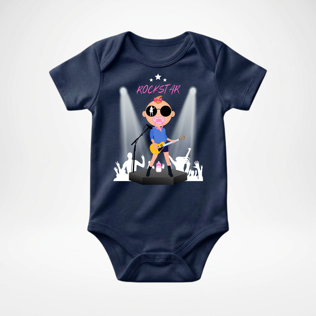 Navy blauer Baby Body kurzarm für Mädchen mit Rockstar Motiv, cooler Babybody aus Baumwolle mit Rock and Roll- Design von der Baby-&amp; Kleinkind Brand TIMMY &amp; MIMMY