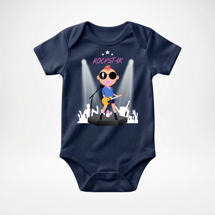 Navy blauer Baby Body kurzarm für Mädchen mit Rockstar Motiv, cooler Babybody aus Baumwolle mit Rock and Roll- Design von der Baby-&amp; Kleinkind Brand TIMMY &amp; MIMMY