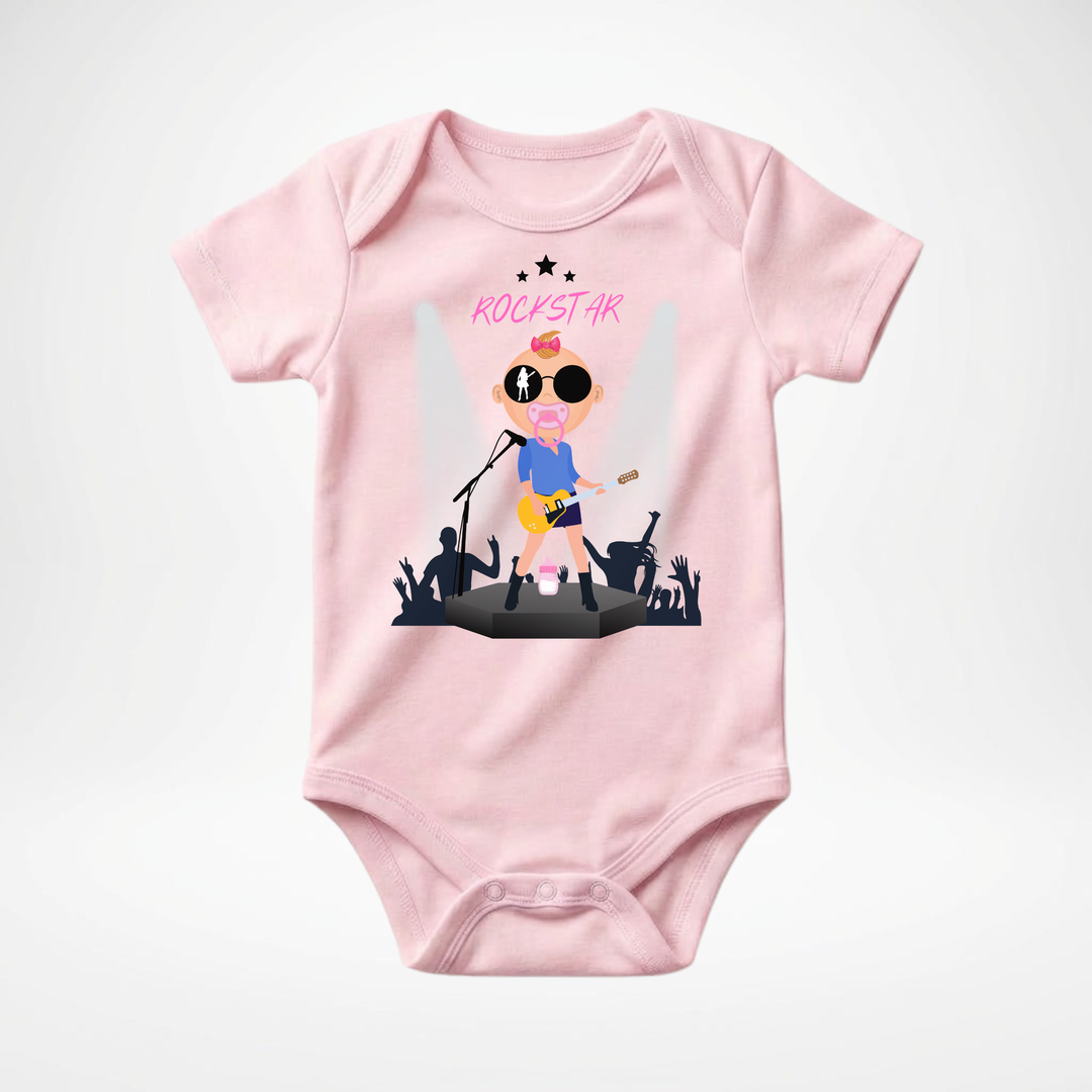 Rosa Baby Body kurzarm für Mädchen mit Rockstar Motiv, cooler Babybody aus Baumwolle mit Rock and Roll- Design von der Baby-&amp; Kleinkind Brand TIMMY &amp; MIMMY