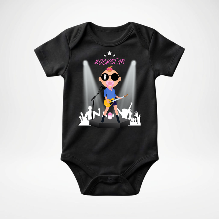 Schwarzer Baby Body kurzarm für Mädchen mit Rockstar Motiv, cooler Babybody aus Baumwolle mit Rock and Roll- Design von der Baby-&amp; Kleinkind Brand TIMMY &amp; MIMMY