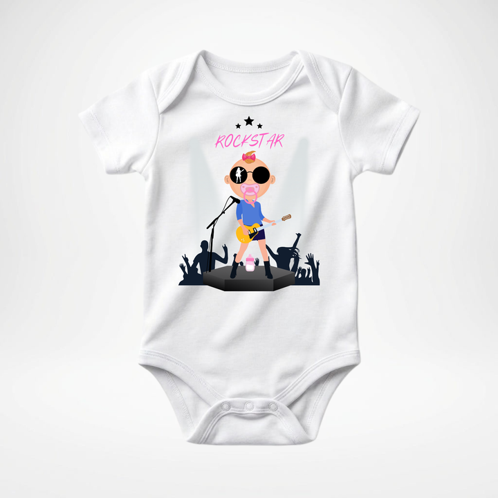 Weißer Baby Body kurzarm für Mädchen mit Rockstar Motiv, cooler Babybody aus Baumwolle mit Rock and Roll- Design von der Baby-&amp; Kleinkind Brand TIMMY &amp; MIMMY