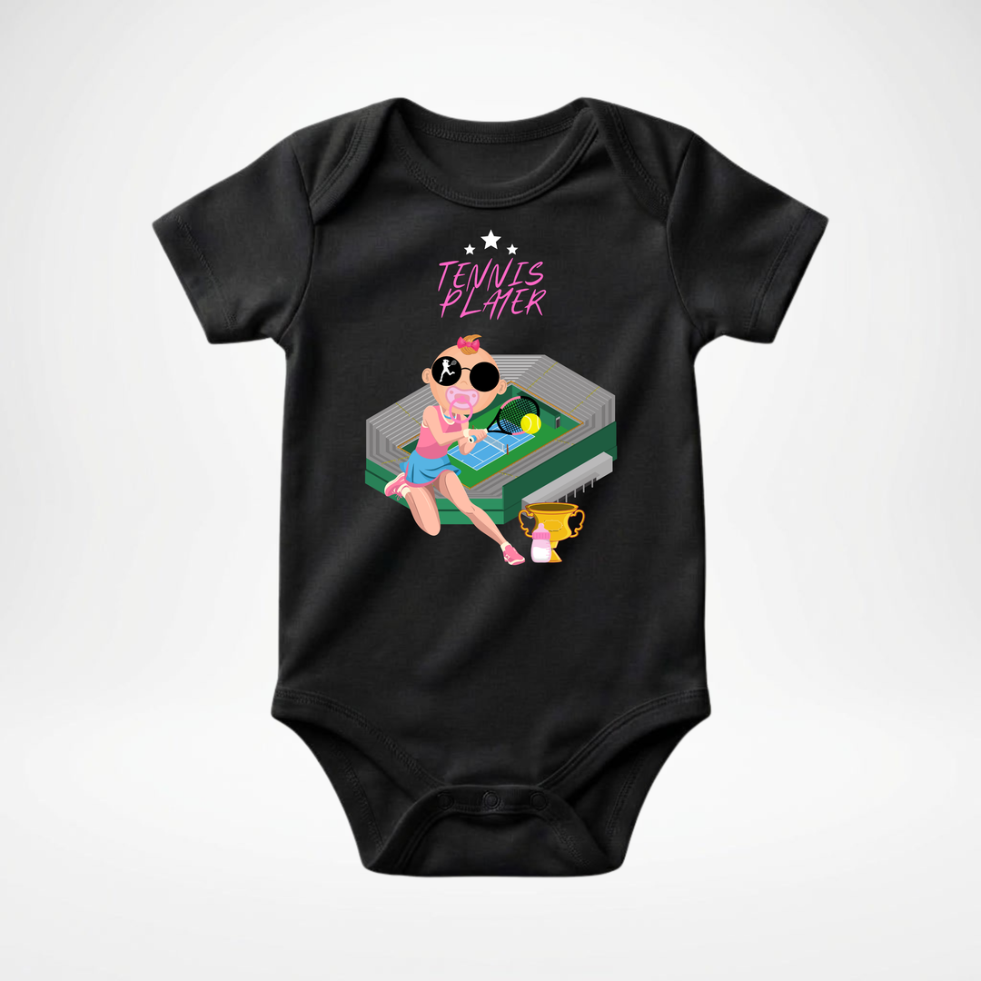 Schwarzer Baby Body kurzarm für Mädchen mit Tennis- Motiv, cooler Babybody aus Baumwolle mit Tennis Player- Design von der Baby- &amp; Kleinkind- Brand TIMMY &amp; MIMMY