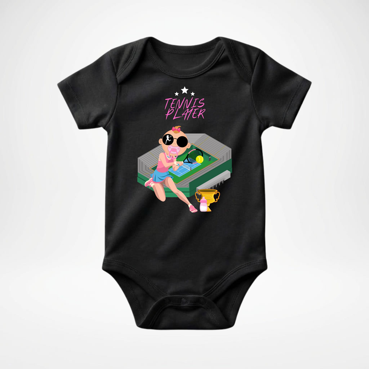 Schwarzer Baby Body kurzarm für Mädchen mit Tennis- Motiv, cooler Babybody aus Baumwolle mit Tennis Player- Design von der Baby- &amp; Kleinkind- Brand TIMMY &amp; MIMMY