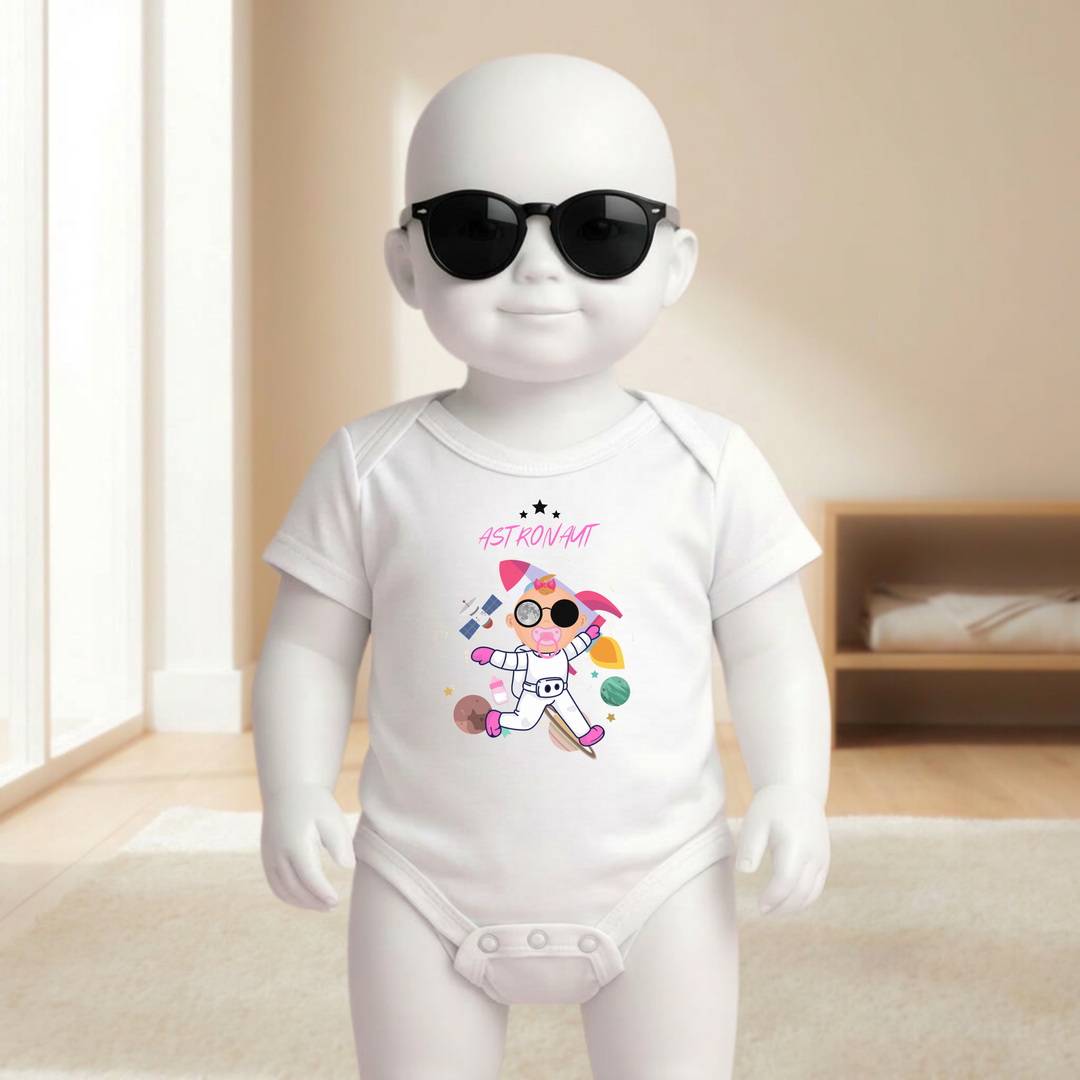 Baby Body weiß für Mädchen mit Astronaut Motiv am Baby- Mannequin getragen, stylischer Babybody mit Weltraum- und Raketen Design für kleine Entdeckerinnen von der Baby- und Kindermarke TIMMY &amp; MIMMY