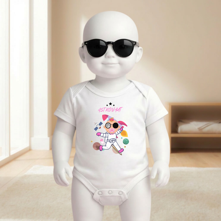Baby Body weiß für Mädchen mit Astronaut Motiv am Baby- Mannequin getragen, stylischer Babybody mit Weltraum- und Raketen Design für kleine Entdeckerinnen von der Baby- und Kindermarke TIMMY &amp; MIMMY