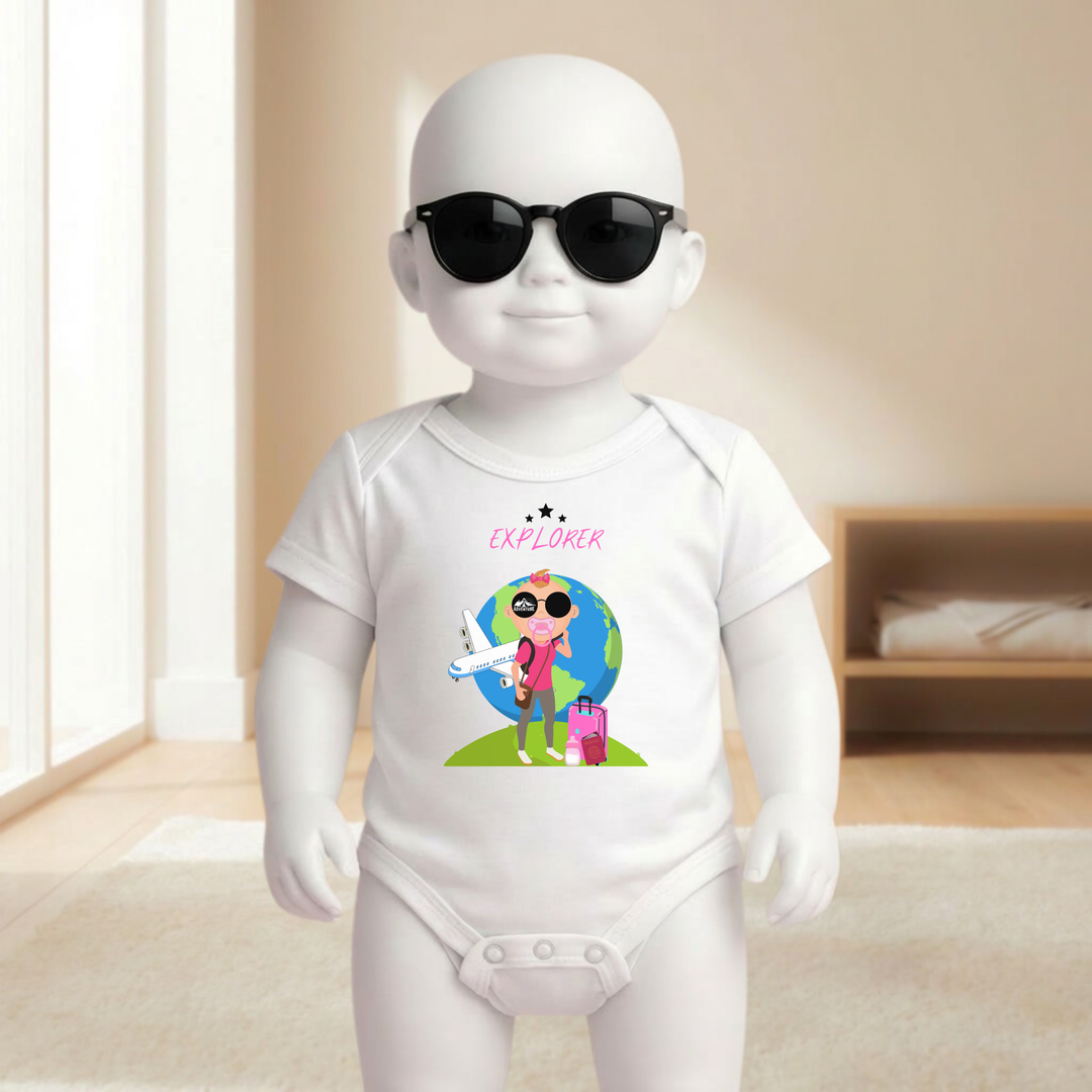 Baby Body weiß kurzarm für Mädchen am Mannequin getragen, stylischer Babybody mit Explorer Motiv für kleine Entdeckerinnen von TIMMY &amp; MIMMY