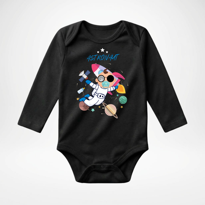 Schwarzer Baby Body langarm für Jungs mit Astronaut Motiv, hochwertiger Babybody aus Baumwolle mit Weltraum und Raketen Design von TIMMY &amp; MIMMY