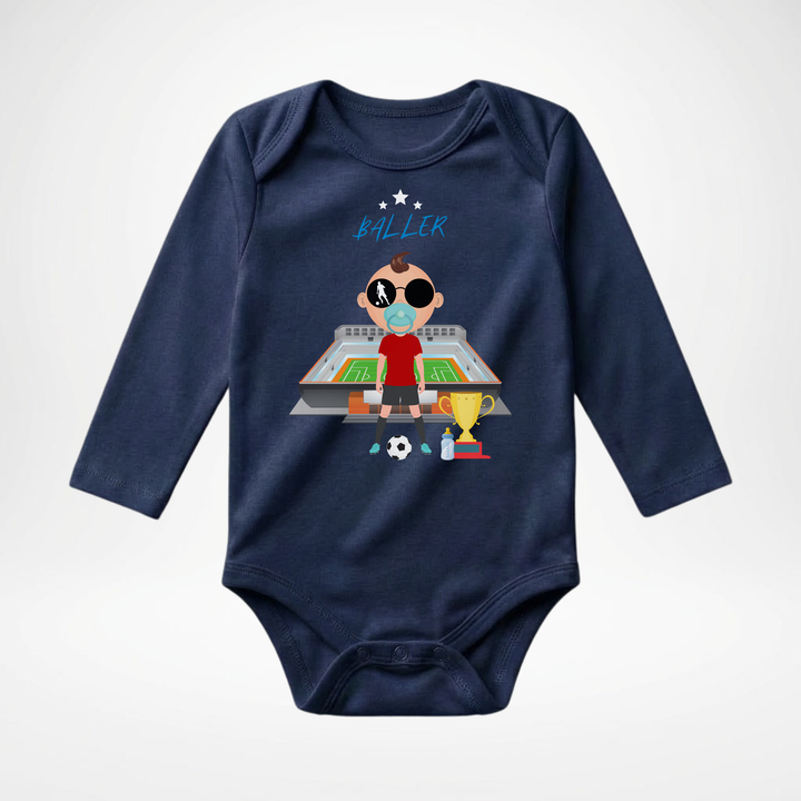 Navy blauer Baby Body langarm für Jungs mit Fußball- Motiv, hochwertiger Babybody aus Baumwolle mit Fußballer- Design von TIMMY &amp; MIMMY