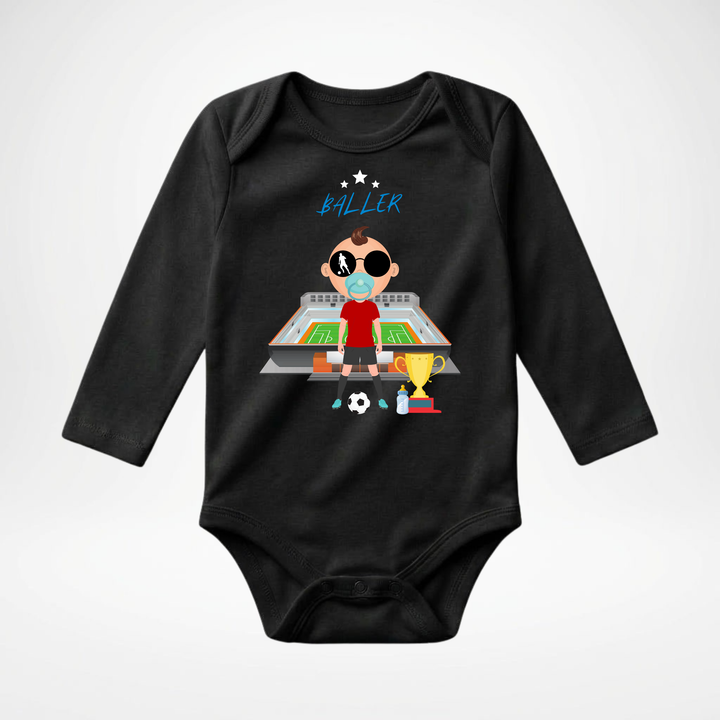 Schwarzer Baby Body langarm für Jungs mit Fußball- Motiv, hochwertiger Babybody aus Baumwolle mit Fußballer- Design von TIMMY &amp; MIMMY