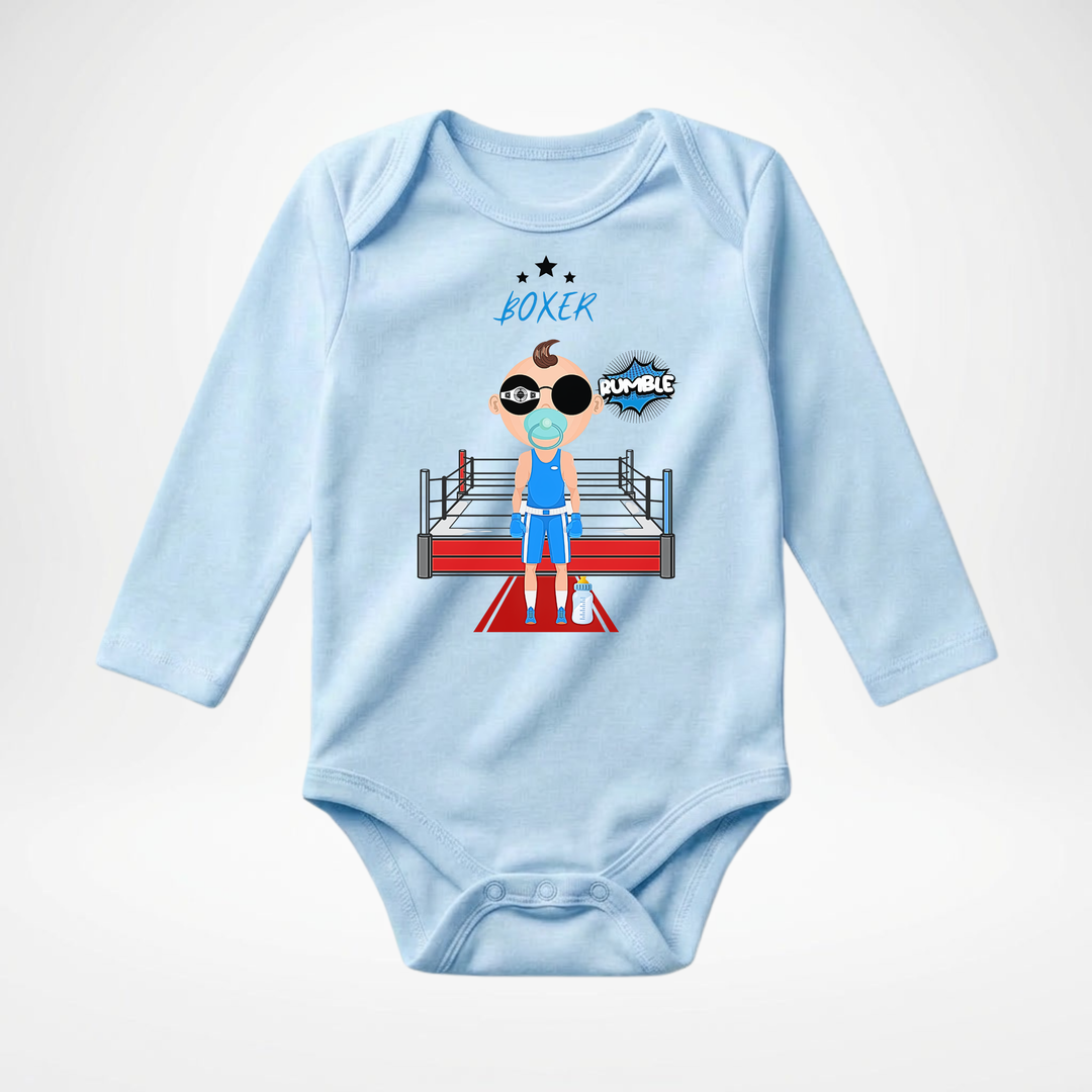 Hellblauer Baby Body langarm für Jungs mit Boxer- Motiv, hochwertiger Babybody aus Baumwolle mit Box- Design von TIMMY &amp; MIMMY