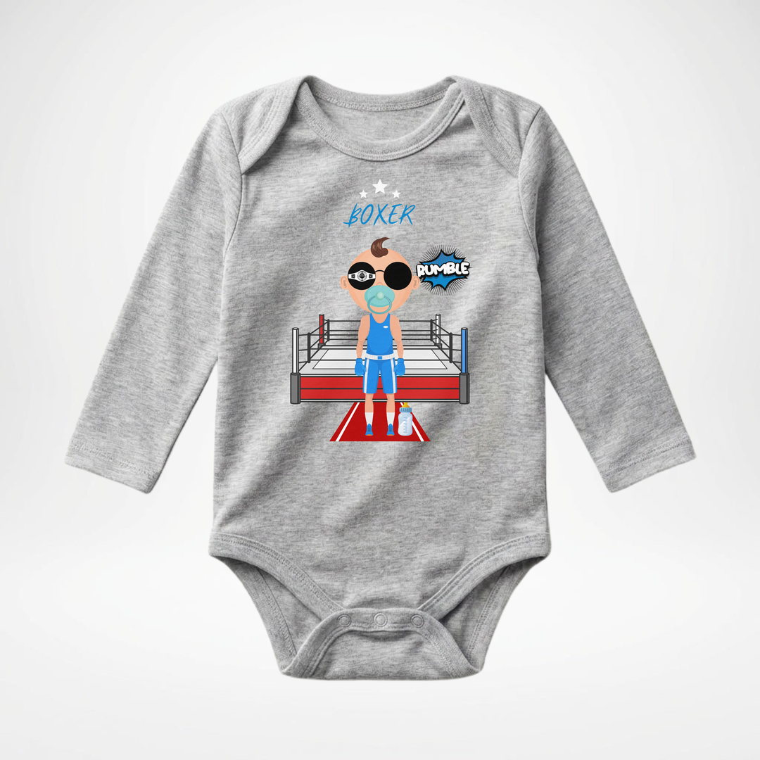 Hellgrauer Baby Body langarm für Jungs mit Boxer- Motiv, hochwertiger Babybody aus Baumwolle mit Box- Design von TIMMY &amp; MIMMY