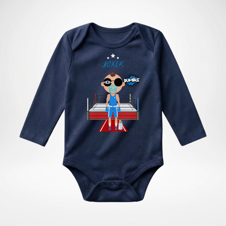 Navy blauer Baby Body langarm für Jungs mit Boxer- Motiv, hochwertiger Babybody aus Baumwolle mit Box- Design von TIMMY &amp; MIMMY