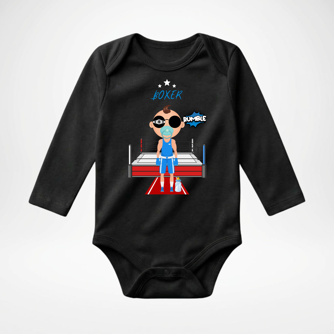 Schwarzer Baby Body langarm für Jungs mit Boxer- Motiv, hochwertiger Babybody aus Baumwolle mit Box- Design von TIMMY & MIMMY