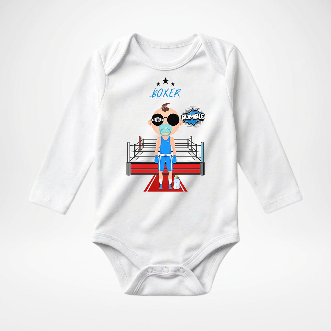 Weißer Baby Body langarm für Jungs mit Boxer- Motiv, hochwertiger Babybody aus Baumwolle mit Box- Design von TIMMY &amp; MIMMY