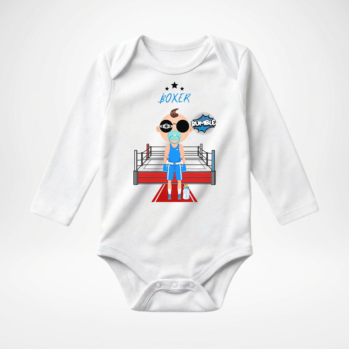 Weißer Baby Body langarm für Jungs mit Boxer- Motiv, hochwertiger Babybody aus Baumwolle mit Box- Design von TIMMY &amp; MIMMY