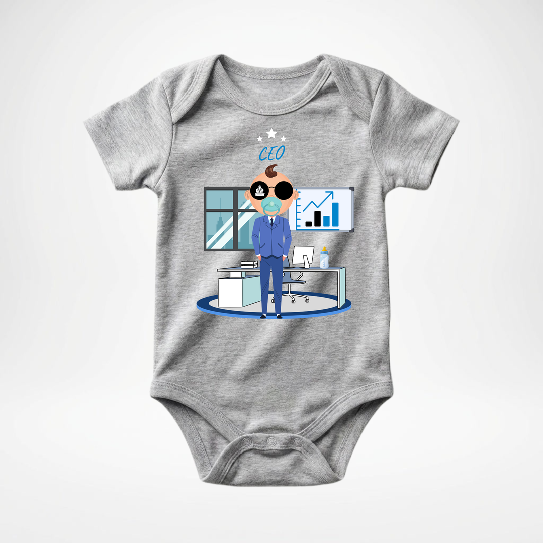 Hellgrauer Baby Body kurzarm für Jungs mit CEO- Motiv, cooler Babybody aus Baumwolle mit Business- Design der Baby-&amp; Kleinkind- Marke TIMMY &amp; MIMMY