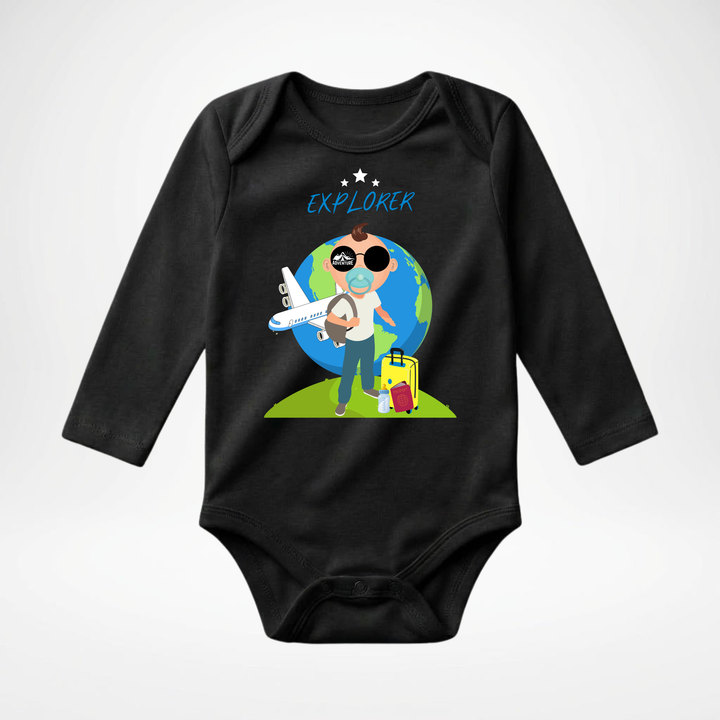 Schwarzer Baby Body langarm für Jungs mit Explorer- Motiv, hochwertiger Babybody aus Baumwolle mit Entdecker- Design von TIMMY &amp; MIMMY