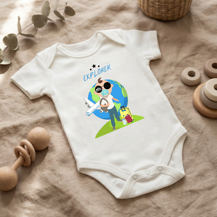 Weißer Baby Body für Jungs mit Entdecker- Design im Flat Lay, Baby Kleidung mit Explorer- Motiv, Geschenkidee für Babys von der Baby und Kleinkind- Brand TIMMY &amp; MIMMY