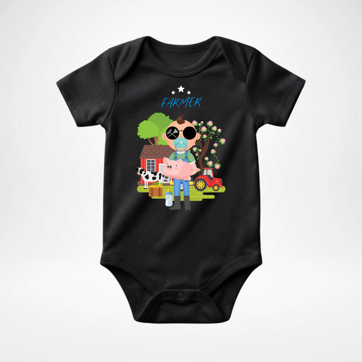 Schwarz Baby Body kurzarm für Jungs mit Farmer- Motiv, cooler Babybody aus Baumwolle mit Bauernhof- Design der Baby-&amp; Kleinkind- Marke TIMMY &amp; MIMMY
