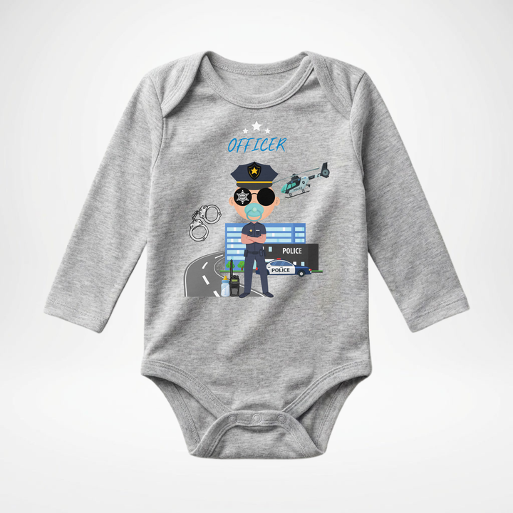 Hellgrauer Baby Body langarm für Jungs mit Officer Motiv, hochwertiger Babybody aus Baumwolle mit Polizei- Design von TIMMY &amp; MIMMY