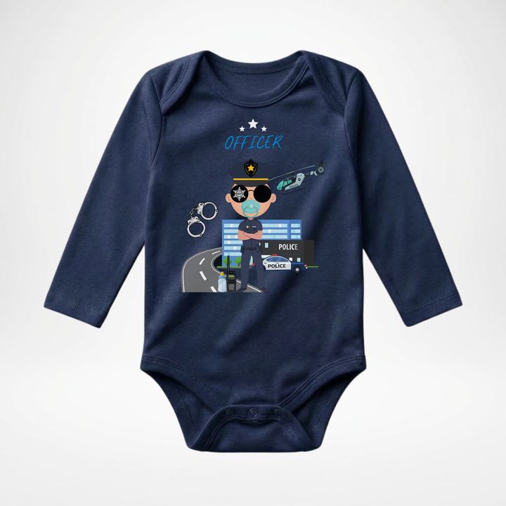Navy blauer Baby Body langarm für Jungs mit Officer Motiv, hochwertiger Babybody aus Baumwolle mit Polizei- Design von TIMMY &amp; MIMMY