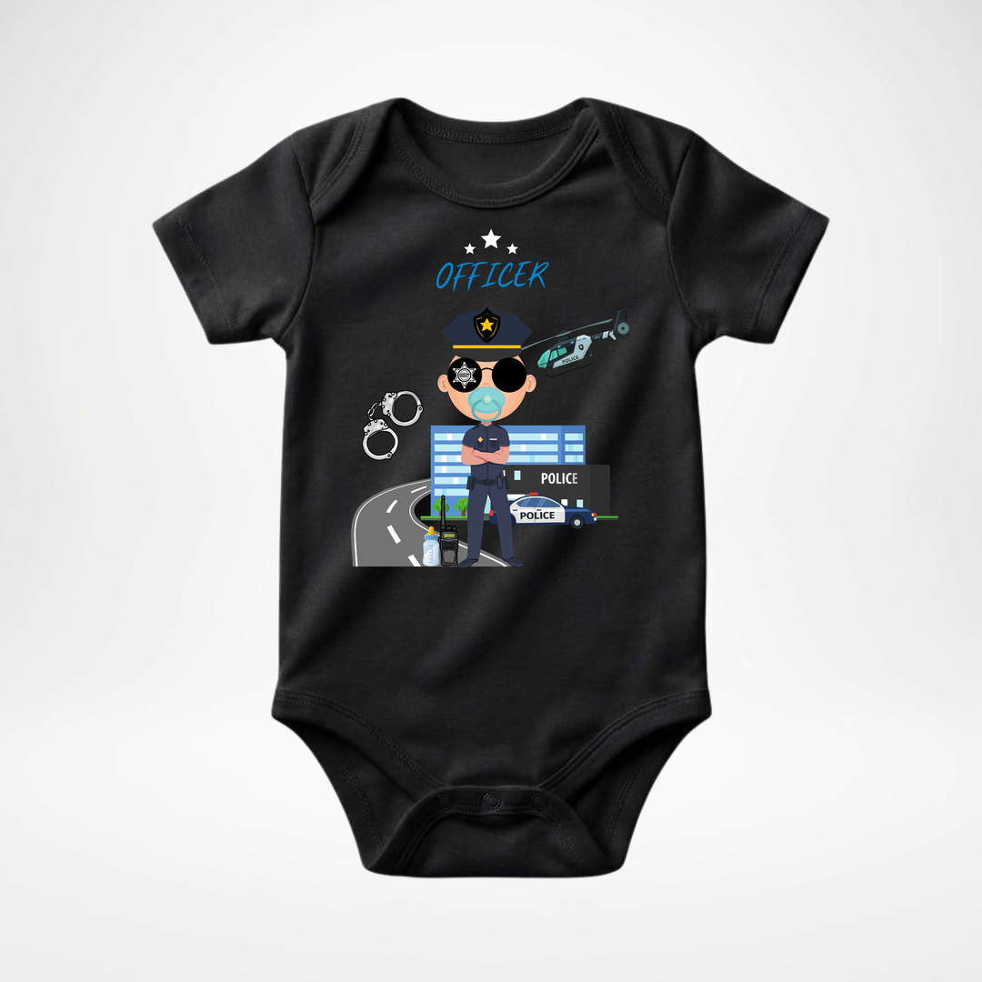 Schwarzer Baby Body kurzarm für Jungs mit Officer Motiv, cooler Babybody aus Baumwolle mit Polizei- Design der Baby-&amp; Kleinkind- Marke TIMMY &amp; MIMMY