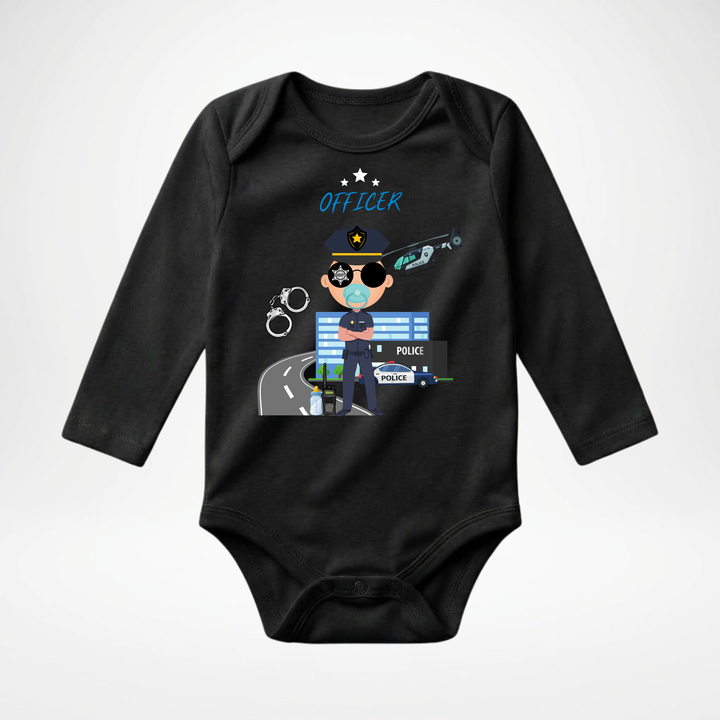 Schwarzer Baby Body langarm für Jungs mit Officer Motiv, hochwertiger Babybody aus Baumwolle mit Polizei- Design von TIMMY &amp; MIMMY
