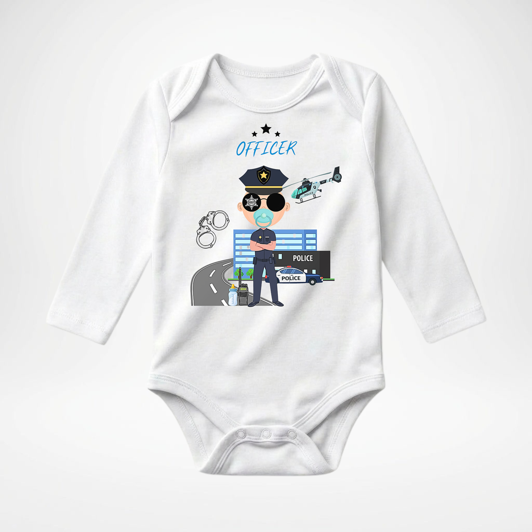 Weißer Baby Body langarm für Jungs mit Officer Motiv, hochwertiger Babybody aus Baumwolle mit Polizei- Design von TIMMY &amp; MIMMY