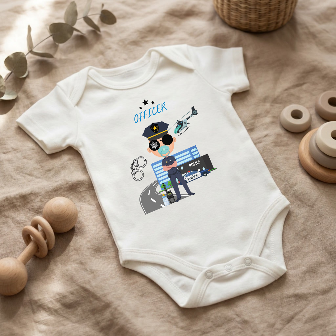 Weißer Baby Body für Jungs mit Polizei- Design im Flat Lay, Baby Kleidung mit Police- Officer- Motiv, Geschenkidee für Babys von der Baby und Kleinkind- Brand TIMMY &amp; MIMMY