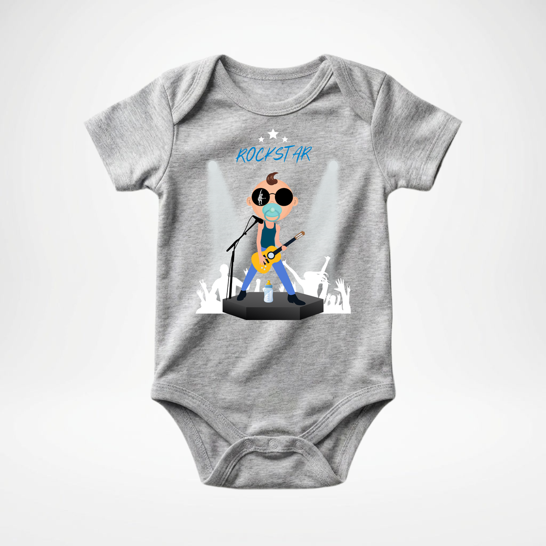 Hellgrauer Baby Body kurzarm für Jungs mit Rock- Motiv, cooler Babybody aus Baumwolle mit Rock and Roll- Design der Baby-&amp; Kleinkind- Marke TIMMY &amp; MIMMY