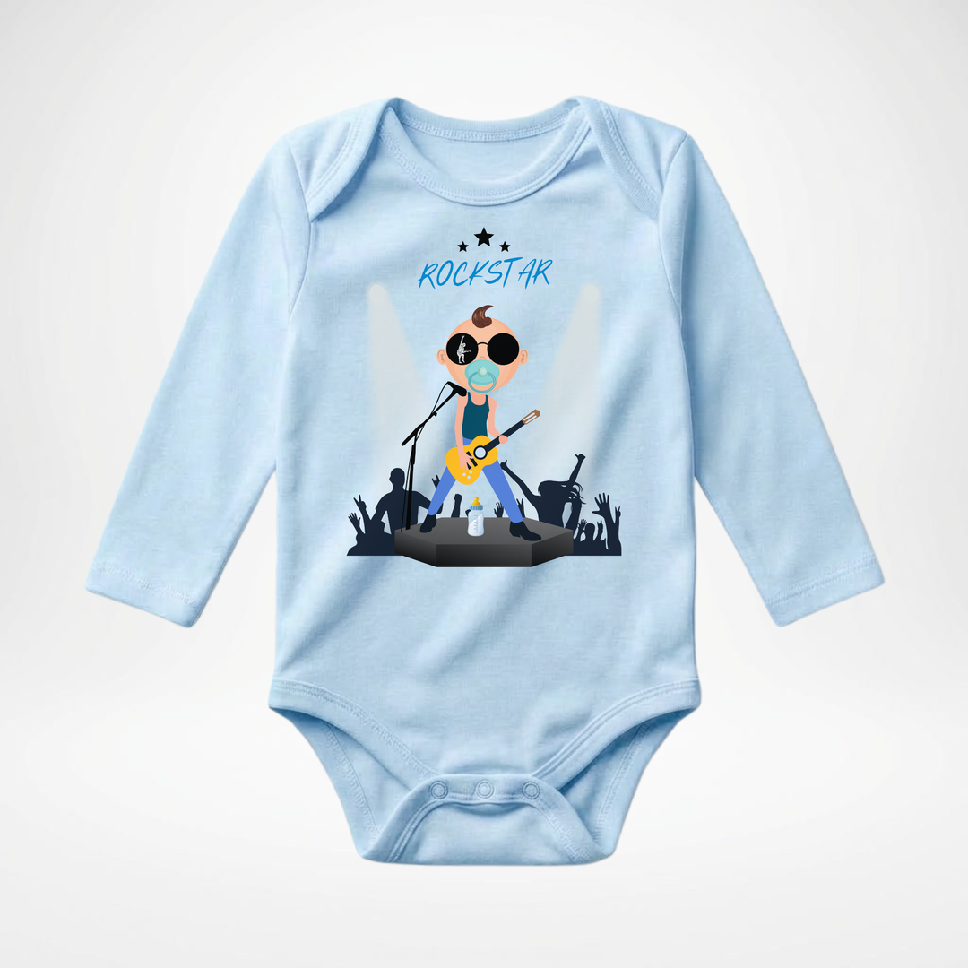 Hellblauer Baby Body langarm für Jungs mit Rockstar Motiv, hochwertiger Babybody aus Baumwolle mit Rock and Roll Design von TIMMY &amp; MIMMY